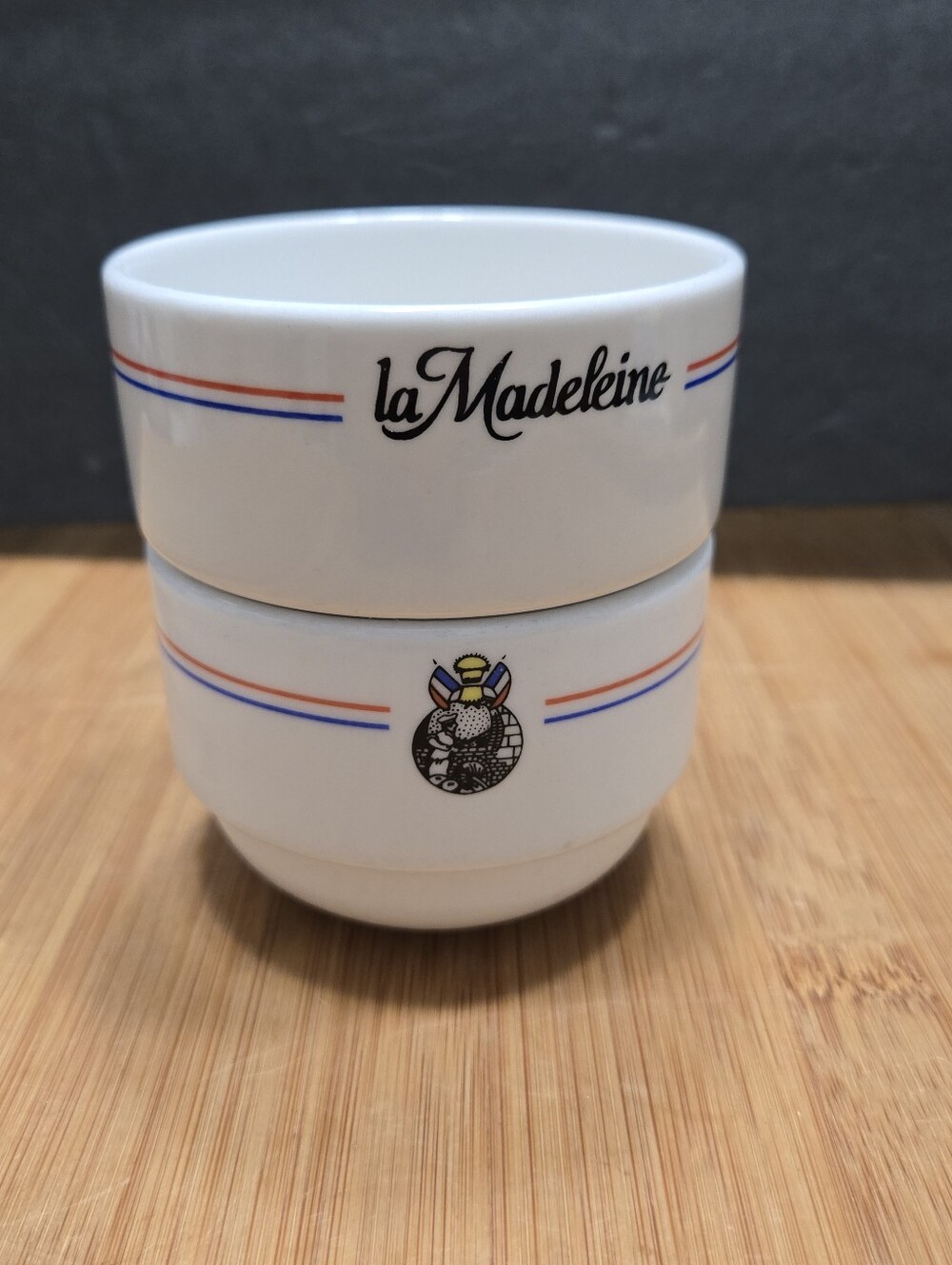 (2) La Madeleine French Cafe stacking custard cups or tea bowls Bon Appetit